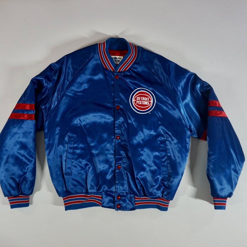Vintage Detroit Pistons Sz Men's Large Chalk Line Snap Button Satin Jacket Blue